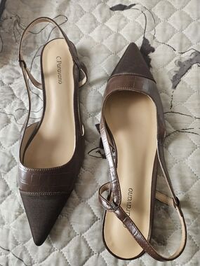 C. Paravacino Brown Pointed Slingback Mules